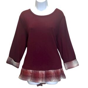 Kaktus Women’s Tops Size Large Burgundy Blouse with Plaid Accents Crew Neck